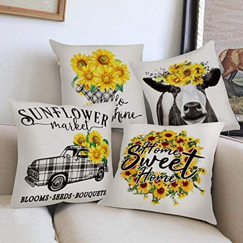 Hexagram Rustic Sunflower Pillow Covers 18 x 18 Set of 4 Decorative Farmhouse Cow Truck Design Soft Linen Throw Pillow Cover Cushion Case for Sofa Bench Living Room Indoor Outdoor Home Decor