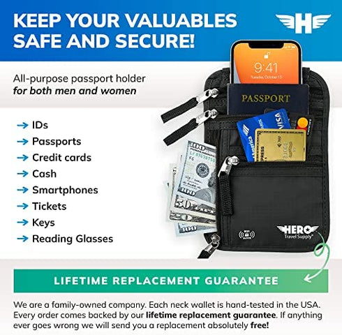 HERO Neck Wallet – RFID Blocking Passport Holder – Easy to Conceal Travel Pouch