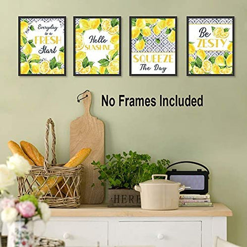 HLNIUC Lemon signs Art Prints, Inspirational Blue Pattern Yellow Lemon Pictures Set Of 6(8”X10”, Unframed), Fruit Botanical Poster Green Leaf Modern Wall Art For Bed Room Living Room Kitchen Decor