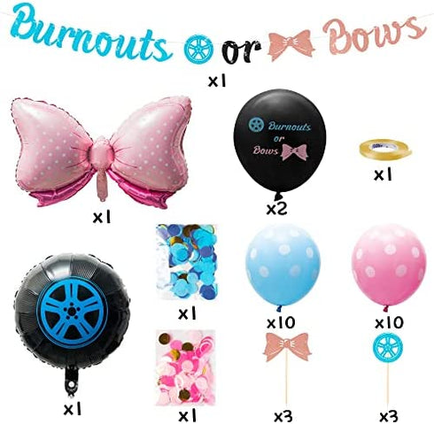 A1diee Bows Burnouts Gender Reveal Decorations Kit 36In Gender Reveal Balloon Burnouts Pink Bow Foil Balloons Banner Cupcake Topper Blue Pink Latex Balloons for Baby Shower Party Supplies, 33Pcs