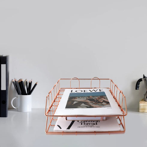 Letter Trays Stacking Supports , Stackable Paper Tray Mesh Collection,Desk File Organizer,Wide Desk File Document for School Home Office Supplies (Rose-Gold)