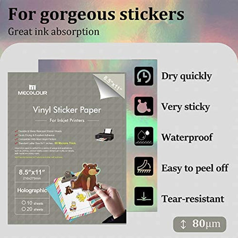 MECOLOUR Printable Holographic Sticker Paper 8.5'' * 11'' 20 Sheets Premium Rainbow Vinyl for Cricut Waterproof Dries Quickly Vivid Colors, Holds Ink Well- Tear Resistant for Inkjet & Laser Printer