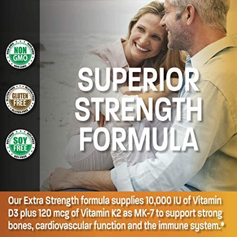 Bronson Vitamin K2 (MK7) with D3 Extra Strength Supplement Bone and Heart Health Non-GMO Formula 10,000 IU Vitamin D3 & 120 mcg Vitamin K2 MK-7 Easy to Swallow Vitamin D & K, 120 Capsules