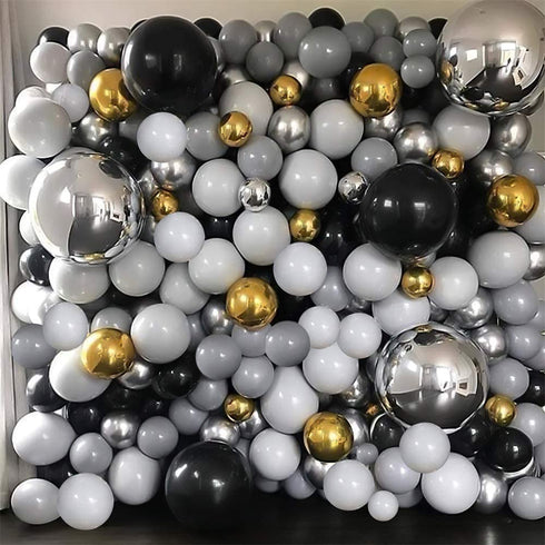 Nalwort Grey Balloon Kit 136PCS 18In 12In 5In Metallic Silver Gold Black Grey Macaron Grey Balloon Arch Garland For Festival Picnic Family Engagement, Wedding, Birthday Party, Gold Theme Anniversary Celebration Decoration