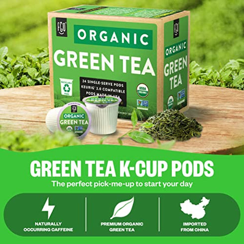 Organic Green Tea K-Cup Pods, 24 Pods by FGO - Keurig Compatible - Naturally Occurring Caffeine, Premium Green Tea is USDA Organic, Non-GMO, & Recyclable