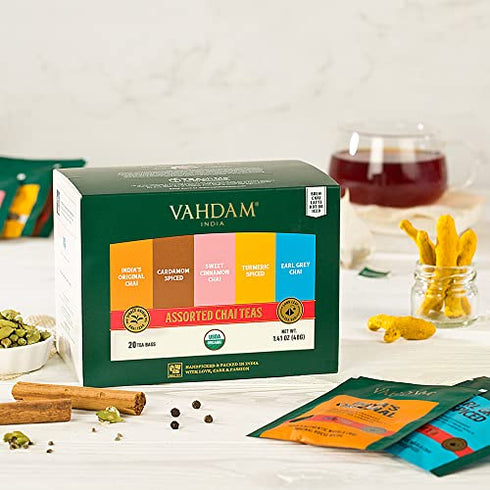 VAHDAM, Chai Tea Sampler, 20 Tea Bags - Tea Variety Pack | Assorted Chai Tea Bags | Cardamom Tea Bags, Cinnamon Tea Bags, Turmeric Masala Chai Tea | Happy New Year Gifts for Women & Men, Tea Gift Sets