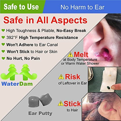 WaterDam Swimming Ear Plugs Great Waterproof Ultra Comfy Earplugs Prevent Swimmer's Ear (Size 1+2: Toddlers (Blue) & Small&Medium Ear Women Kids Teens (Green))