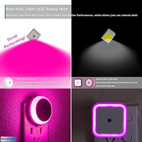 SerieCozy Pink Night Light Plug in LED Nightlight Dusk to Dawn Sensor Smart Night Wall Lights for Bathroom, Bedroom, Home, Kitchen, Hallway, Round, Auto ON Off, Energy Efficient, 2 Pack
