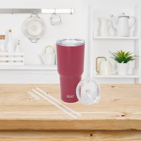 BUILT Double Walled Stainless Steel Tumbler Set with Replacement Lid, 2 Reusable Tritan Wire Straw Cleaning Brush in Gift Box, 30 Ounce, Burgundy