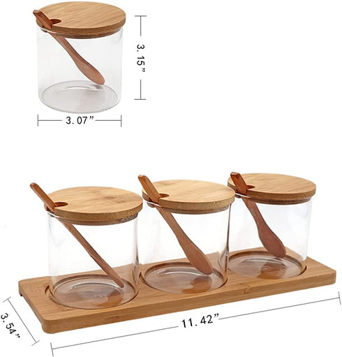 Hniuyun Condiment Container Seasoning Box Set, Glass Condiment Canisters Pots, Salt Sugar Spice Coffee Jar with Bamboo Wooden Spoon Lid and Base, Set of 3