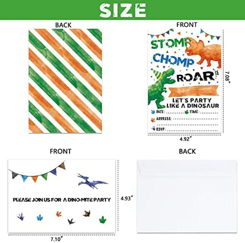 Watercolor Dinosaur Party Invitation Cards - 20 Sets Fill-in Invitations with Envelopes Dino Party Supplies for Boys Birthday Invites Double-sided Printed Eco-friendly T-Rex Cards