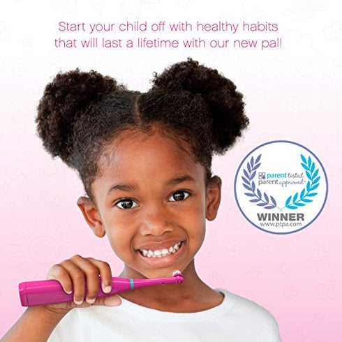 Brusheez® Kid's Electric Toothbrush Set - Soft Bristles, Easy-Press Power Button, Battery Operated, 2 Brush Heads, Animal Cover, Sand Timer, Rinse Cup and Storage Base - Ages 3+ (Prancy the Pony)