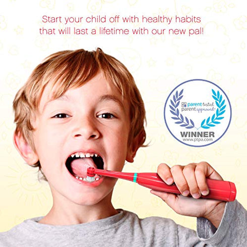 Brusheez® Kid's Electric Toothbrush Set - Soft Bristles, Easy-Press Power Button, Battery Operated, 2 Brush Heads, Animal Cover, Sand Timer, Rinse Cup and Storage Base - Ages 3+ (Pepper The Dino)
