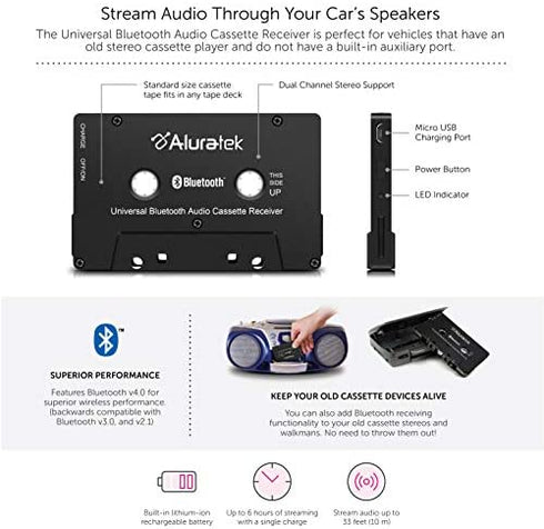 Aluratek Universal Bluetooth Audio Cassette Receiver, Built-in Rechargeable Battery, Up to 8 Hours Playtime, Audio Receiving up to 33 Feet