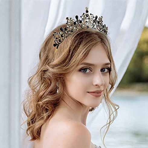 Lurrose Luxury Baroque Crown Black Crystal Crown Halloween Tiara and Crown Rhinestone Queen Crown (Black)