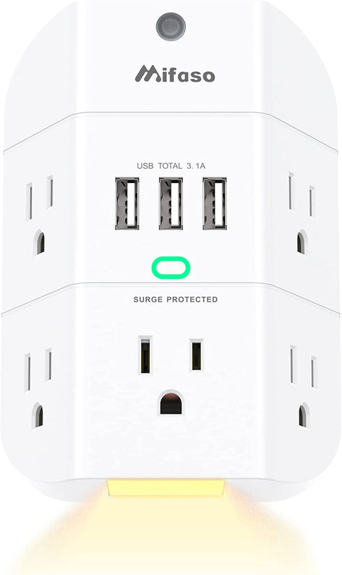 Outlet Extender with Night Light, 5-Outlet Surge Protector with 3 USB Charging Ports, 1800J Power Strip Multi Plug Outlets Wall Adapter Expander with Spaced Outlets for Home, School, Office