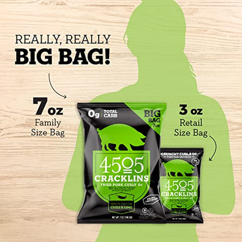 4505 Meats Spicy Green Chili and Lime Cracklins, Fried Pork Rinds, Keto Certified, Family Size Bag, 14 Servings, 7 Ounce