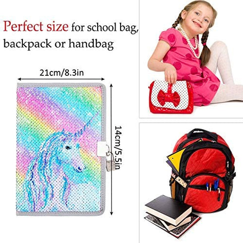 MHJY Unicorn Notebook Sequin Secret Diary with Lock,Reversible Mermaid Sequin Notebook Private Journal Magic Travel Journal Unicorn Notebook for Adults and Kids