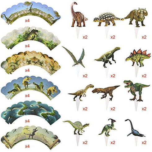 Dinosaur Cupcake Toppers and Dinosaur Cupcake Wrappers 48 Pcs Dinosaur Party Decorations Birthday Party Supplies For Boys Dino Cupcake Topper