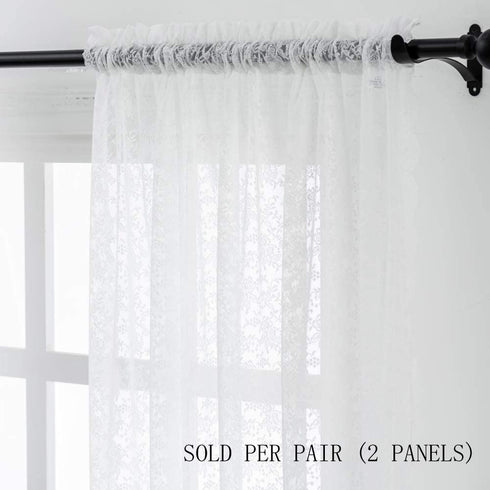 Pure White Floral Rose Knitted Woven Lace Sheer Curtains Panel 63 Long - Rod Pocket Vintage Window Sheer Lace Drapes for Living Room Curtains 52 x 63 inch Length, Set of 2 Panels