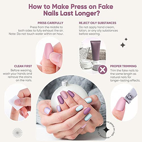 240PCS Press on Nails, OPOVE Short Acrylic Matte Nails Coffin Medium Length, Professional Nail Art Tips Set, Fake Nails with Nail File, Cuticle Stick, Stick on False Artificial Nails with Solid Color