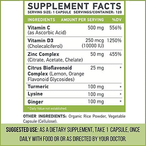 CDZ + Ginger + Lysine + Turmeric |Vitamin C 500mg| Vitamin D3 10,000 IU(250mcg)| Zinc Complex 50 mg| Turmeric 100mg| Lysine 100 mg| Ginger 100 mg| Vegetarian Capsules| 120 Servings