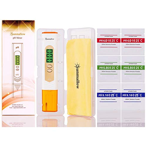 pH Meter & Temperature Meter. Range: pH 0.00 to 14.00. Precision ± 0.01pH. Large Easy to Read LCD Screen. 6 Free Calibration Powders and a Chamois Cloth.