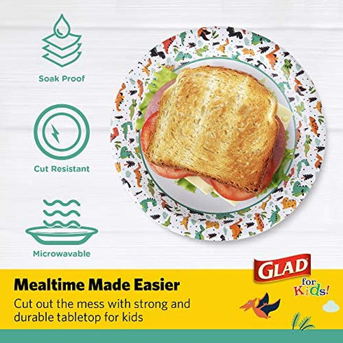 Glad for Kids 8 1/2-Inch Paper Plates|Small Round Paper Plates with Dinosaurs for Kids|Heavy Duty Disposable Soak Proof Microwavable Paper Plates, 8.5" Round Plates 20ct| Kids Plates, Dinosaur Plates