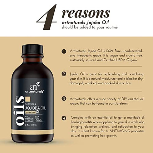 artnaturals USDA Organic Jojoba Oil - (2 Fl Oz / 60ml) - 100% Pure Golden Cold Pressed Carrier Oil - Sensitive Skin, Face Hair, Nails and Cuticle - Dry Scalp Blemish and Acne Treatment