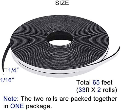 Yotache Thin Weather Stripping 2 Strips Total 65 Feet Long 1/16 Inch Thick x (.25) 1/4 Inch Wide, 1.5mm Foam Gasket Seal Tape for Window, Sliding Door Jamb, Speaker, Dashboard, 2 X 33 Ft Each