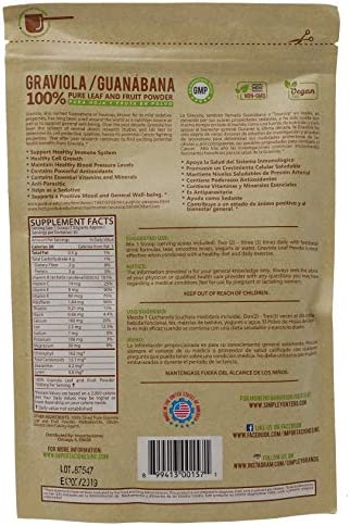 Simple y Entero Graviola / Guanabana, 100% Pure Leaf Powder, Helps You Boost Your Immune System, Vegan, 8 Oz, Bag