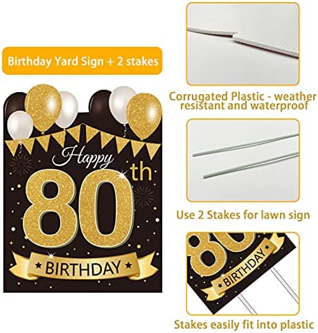 Large Happy 80th Birthday Party Yard Sign Black Gold 80 Birthday Yard Signs with Stakes and Outdoor Lawn Decorations