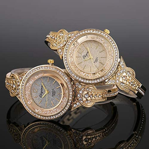 Lady Women Wrist Watch Gold Stainless Steel Crystal SIBOSUN Quartz Dress Bling Bracelet