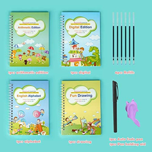 Magic Copy Practice Book Copybook Letters Set 4 Pack with Pens Refills English Cursive Calligraphy Reusable for Kids Kindergarten Preschool 1st 3rd Grade Toddlers Age 3 4 5 6 7 8 English