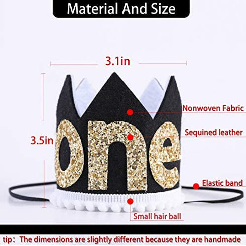 WAOUH Mr Onederful Hat for 1st Birthday - First Birthday Decoration for Baby's, Cake Smash Photo Prop, Glitter Crown for Girl or Boy (Black Golden Crown Hat)