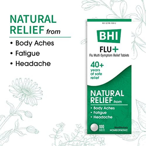 BHI Flu + Cold Multi-Symptom Relief Natural Safe Non-Drowsy Remedy 11 Targeted Homeopathic Active Ingredients for Body Aches, Fatigue, Chills & Headache - 100 Tablets