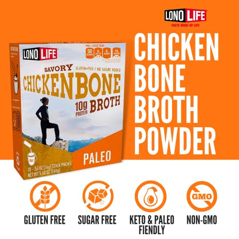 LonoLife - Chicken Bone Broth Sticks - 10g Collagen Protein - Grass-Fed, Gluten-Free - Keto & Paleo Friendly - Portable Individual Packets - 4 count