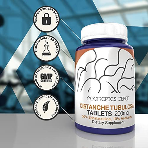 Cistanche tubulosa Tablets | 200mg | 60 Count | Minimum 50% Echinacoside + 10% Acetoside (Verbascoside) | Promotes Physical Strength and Energy | Promotes Vitality | Nootropics Depot
