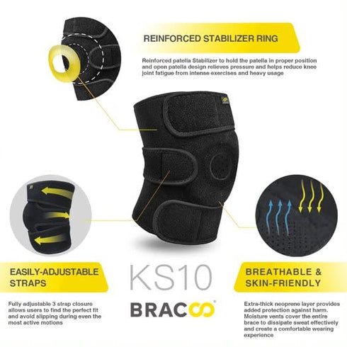 Bracoo Adjustable Compression Knee Patellar Tendon Support Brace for Men Women - Arthritis Pain, Injury Recovery, Running, Workout, KS10 (Black)
