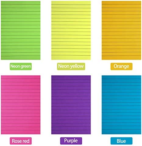 6 Pieces Sticky Notes Lined Self Sticky Notes Lined Colorful Lined Post Memos for Office, School and Home, 50 Sheets (Bright Neon Colors, 4 x 6 Inch)