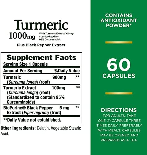 Nature’s Bounty Turmeric With Black Pepper Extract, Supports Antioxidant Health, 1000mg, 60 Capsules