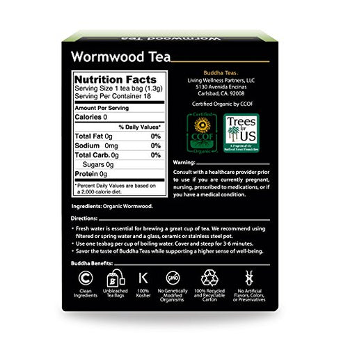 Buddha Teas Organic Wormwood Tea - OU Kosher, USDA Organic, CCOF Organic, 18 Bleach-Free Tea Bag