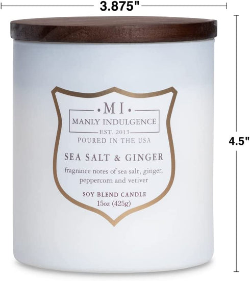 Manly Indulgence Sea Salt & Ginger Scented Jar Candle, Signature Collection, Soy Wax Blend, Wooden Wick, 15oz, White