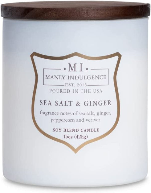 Manly Indulgence Sea Salt & Ginger Scented Jar Candle, Signature Collection, Soy Wax Blend, Wooden Wick, 15oz, White