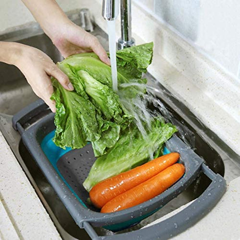 Qimh Colander Collapsible, Colander Strainer Over the Sink Food Colanders Strainers with Extendable Handles, 6-Quart, Dishwasher-Safe Kitchen Folding Strainer for Pasta, Veggies and Fruits
