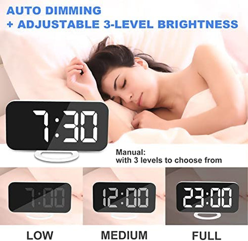 Ygdigital Digital Alarm Clock,6.5 Inch Large Display LED Mirror Electronic Clocks, with Snooze,12/24H,Dual USB Charging Ports, 3 Adjustable Brightness,for Bedroom Home Office -White