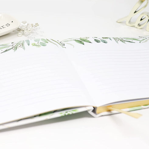 bloom daily planners Wedding Guest Book (120 Pages) Guest Sign-in Book Guest Registry Guestbook - White Cover with Gold Foil, Gilded Edges and Gold Page Marker Hardbound 7" x 9" (Eucalyptus)