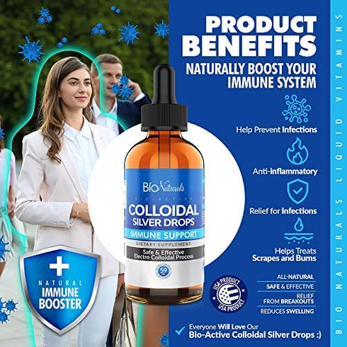 Bio Naturals Colloidal Silver Liquid Drops - Safe & Effective All Natural Immune Booster Supplement - Relief for Skin, Ear, Throat - 60 Servings