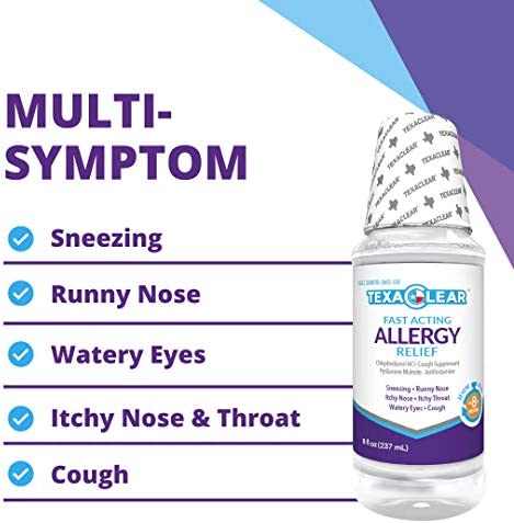TexaClear Allergy Relief - Fast Acting Dye Free Liquid Cough Suppressant & Antihistamine – 8 Hour Relief (8 fl oz)