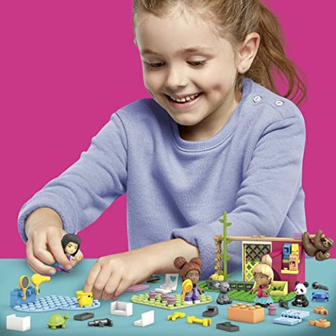 Mega Barbie Animal Grooming Station Building Set, 97 Bricks and Pieces with Fashion and Roleplay Accessories, 3 Micro-Dolls, 1 Panda, 1 Koala, 1 Turtle and 2 Sloths, Toy Gift Set for Ages 5 and up